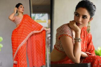 Sobhita Dhulipala’s Orange Saree Brings Mumtaz Nostalgia, Gajar Halwa and Modern Glamour Together 24 026 08 17 150741 Sobhita Dhulipala in a coral orange Sindhoori saree by Arpita Mehta
