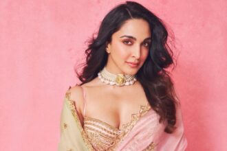 Kiara Advani wearing a custom House of Masaba baby-pink saree at the NMACC 3rd Anniversary Gala.
