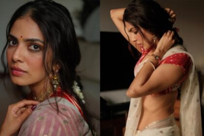 Malavika Mohanan celebrates Onam with her family in a white tissue silk saree in Kerala