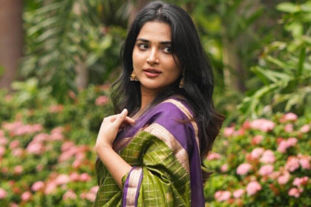 Actress Anagha celebrating Onam at home with traditional Kerala food and a pookalam